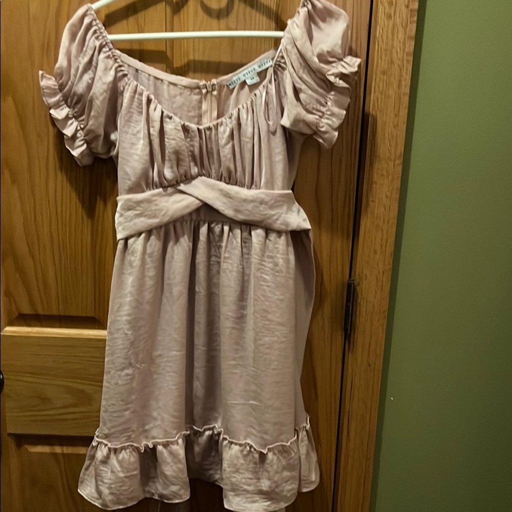 HYFVE Silver Babydoll Dress with Scoop Neck and Puff Sleeves